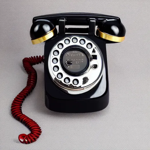 Prompt: commercial product photography advertisement for Salvador Dali’s Lobster phone, a red Rotary telephone with a lobster handset, The handle of the rotary phone is a plastic lobster, dark background, low key lighting, backlit, commercial studio lighting