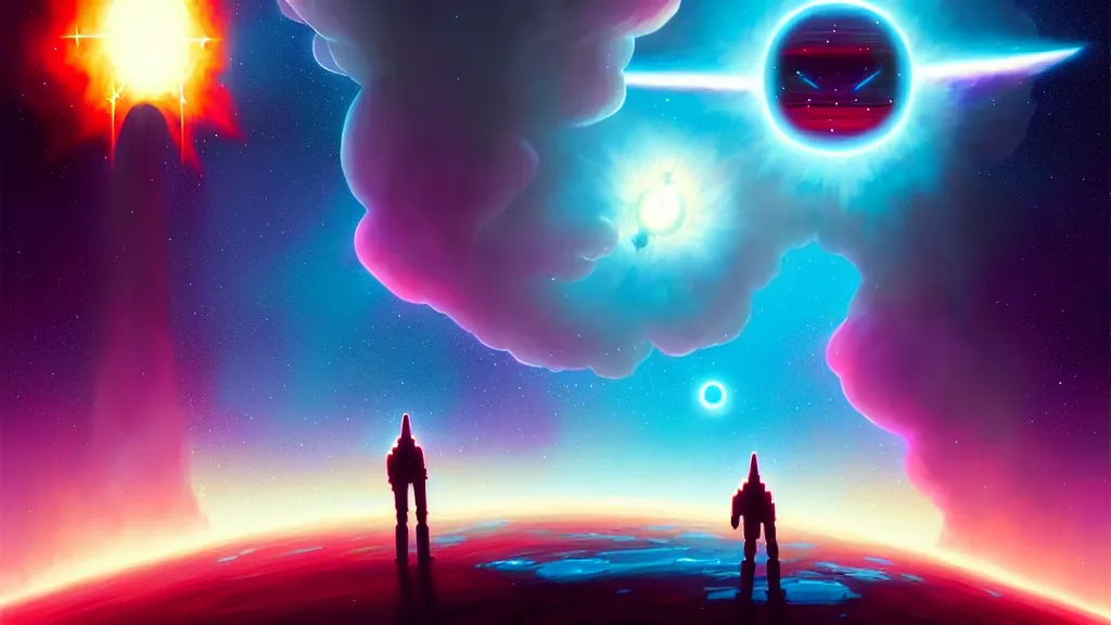 Image similar to celestial overlord war, death of a star by christopher balaskas and john harris and dan mumford and josan gonzalez and beeple, hyperrealistic, high detail, ultra detailed, space, nebula, sharp focus, stellar formation, astronomy, science