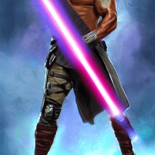 Prompt: dwayne johnson holding a purple lightsaber wearing brown jedi robes, concept art, ultra realistic