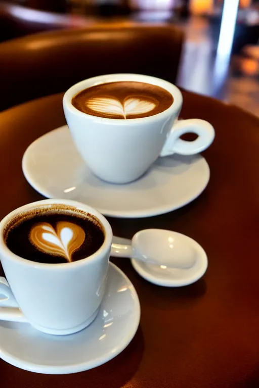 Prompt: realistic detailed photo of a steaming cup of coffee on a saucer with a flaky pastry on the side and a coffee spoon next to it on the table, hotel lobby in the background, liminal spaces, hdr, volumetric lighting, dim light, diffuse light, depth of field