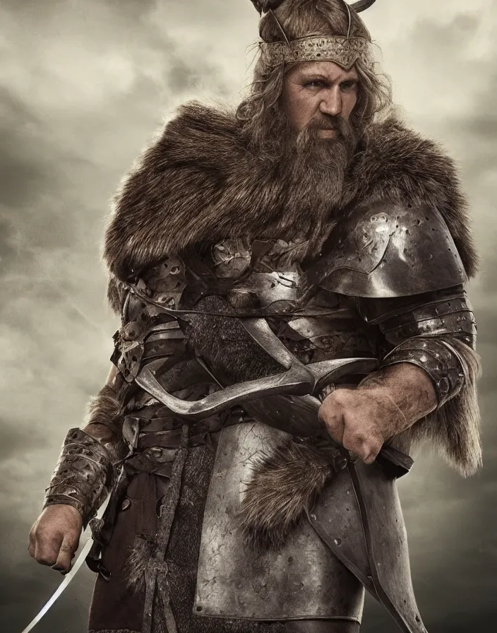 Prompt: strong Viking warrior standing with his sword, photorealistic