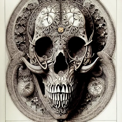 Image similar to art forms of nature by ernst haeckel, memento mori by arthur rackham, ornate antique porcelain beautiful skull mask, ultrasharp, photorealistic, hyperdetailed, octane render, polished, art nouveau, neo - gothic, gothic, intricate ornamental organic filigree, art nouveau botanicals, art forms of nature by ernst haeckel, horizontal symmetry, symbolist, visionary