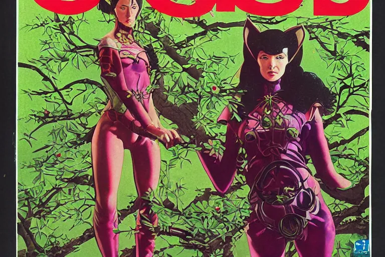 Prompt: 1979 OMNI Magazine Cover of a female Druidic elf with armor by a cherry tree in a Neo-Tokyo garden in cyberpunk style by Vincent Di Fate