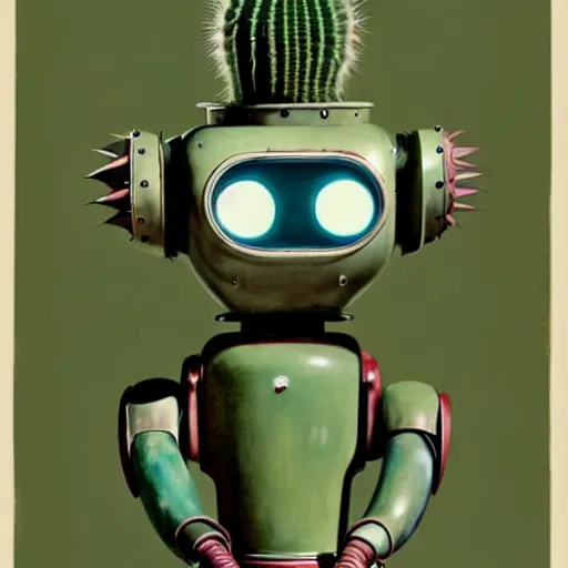 Prompt: 1950s retro cactus robot, Head room. Bionic Arms and eyes. muted colours. by Jean-Baptiste Monge, wide shot