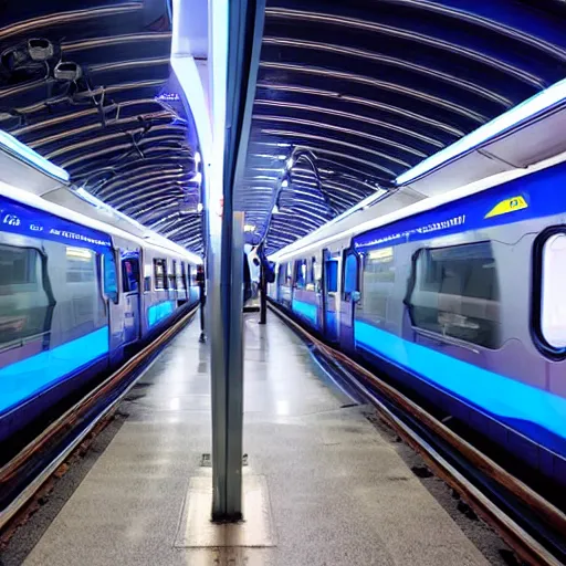 Image similar to a blue hexagonal metro train with blue neon light rails