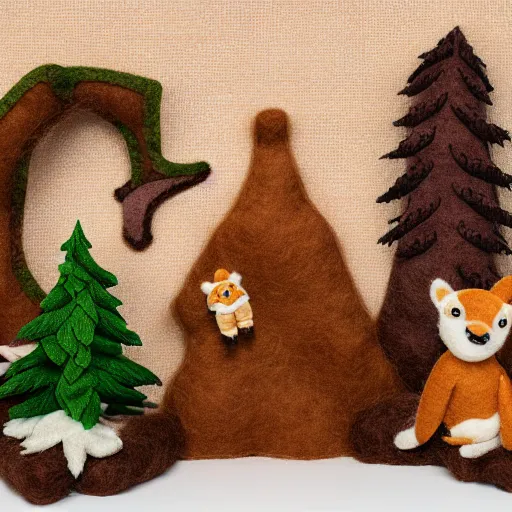 Image similar to high - res photograph of a felt sculpture diorama with cute fluffy forest critters, highly detailed sculpey diorama, forest setting, waterfall backdrop, realistic materials, wood, felt, cloth, burlap, smooth, sharp foccus, commercial product photography,