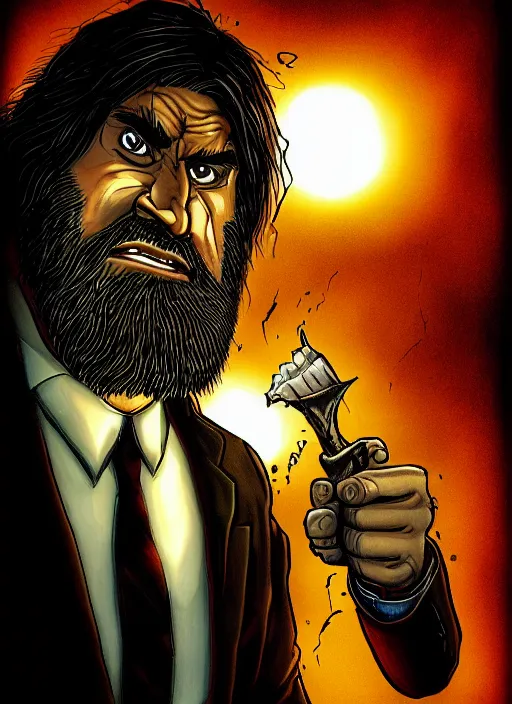 Prompt: portrait of caveman in a business suit, pure evil, dark aura, atmospheric realistic lighting, finely detailed features, interior, sharp focus, trending on pivix fanbox, art by aaron mcgruder