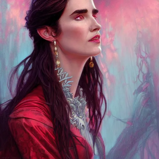 Prompt: Portrait of Jennifer Connelly as a ravaging hellish vampire queen, D&D, attractive and slender, colorful pastel fantasy, intricate, elegant, highly detailed, digital painting, artstation, concept art, smooth, sharp focus, illustration, art by artgerm and greg rutkowski and alphonse mucha