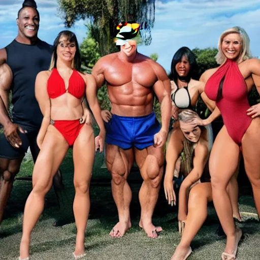 Prompt: extremely buff Donald Trump, steroids, testosterone, lifting weights, laughing, surrounded by women in swimsuits