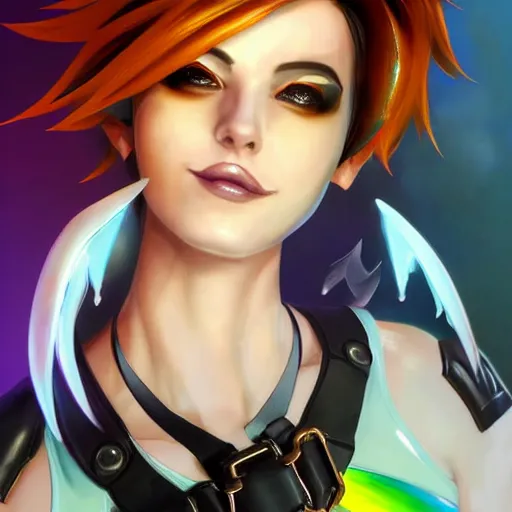 Image similar to portrait bust digital artwork of tracer overwatch, wearing black iridescent rainbow latex tank top, 4 k, expressive happy smug expression, makeup, in style of mark arian, angel wings, wearing detailed black leather collar, chains, black leather harness, detailed face and eyes,