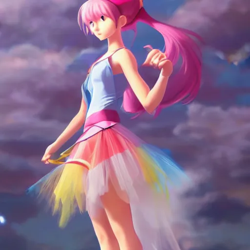 Image similar to A beautiful portrait of a magical girl from the rainbow sky paradise in the process of transforming into her magical girl outfit, character design by Goro Fujita, very beautiful background by Makoto Shinkai, Pixiv 3DCG, Daz Studio
