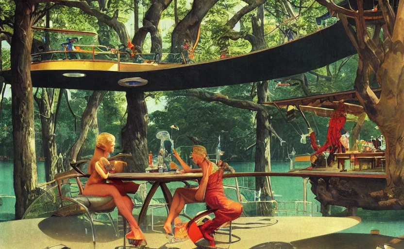 Image similar to a scene of futuristic treehouse lounge by water.. highly detailed science fiction painting by norman rockwell, frank frazetta, and syd mead. rich colors, high contrast, gloomy atmosphere, dark background. trending on artstation