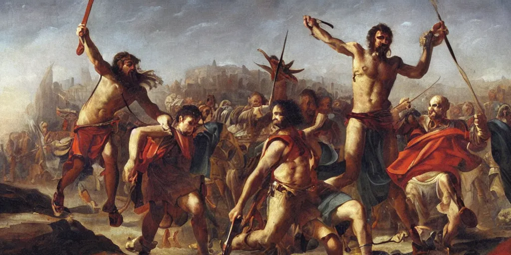 Image similar to high quality high detail painting, of david killing giant goliath