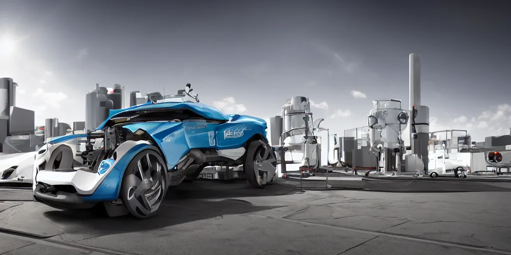 Image similar to hydrogen fuel cell vehicle, wide - angle, intricate details, octane rendering.