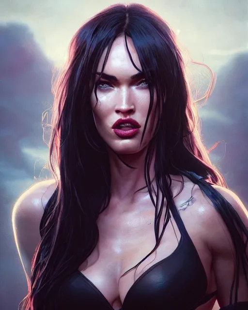 Image similar to highly detailed vfx portrait of megan fox as venom, stephen bliss, unreal engine, greg rutkowski, loish, rhads, beeple, makoto shinkai and lois van baarle, ilya kuvshinov, rossdraws, tom bagshaw, alphonse mucha, global illumination, detailed and intricate environment