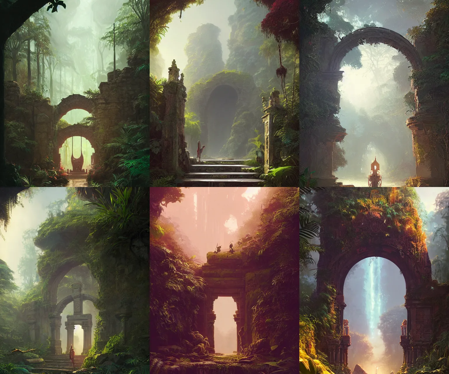 Prompt: a beautiful detailed matte painting of ancient ornamental mystical gate in the middle of jungle by atey ghailan, by greg rutkowski, hyper realistic, dynamic lighting, concept art, vibrant, detailed, grunge aesthetic, trending on artstation