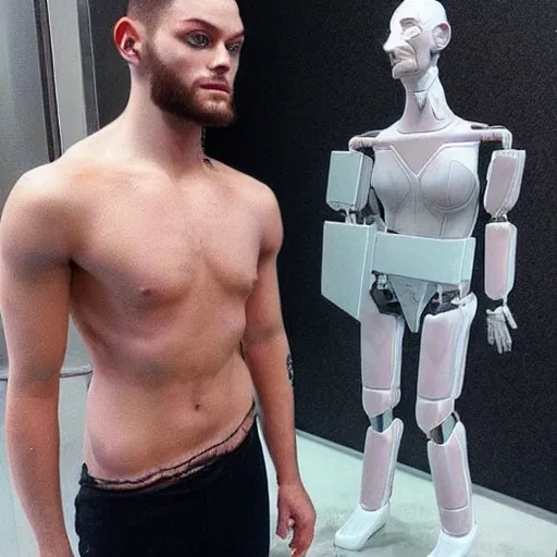 Prompt: “a realistic detailed photo of a guy who is an attractive humanoid who is half robot and half humanoid, who is a male android, Finn Balor, shiny skin, posing like a statue, blank stare”