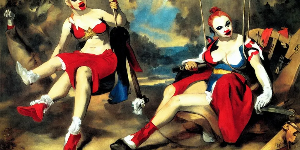 Image similar to harley quinn in the swing painting by eugene delacroix