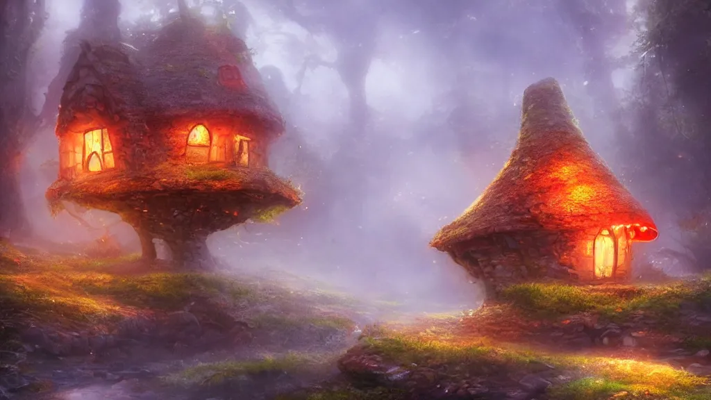 Image similar to fantasy red toadstool cottage suspended in the air, foggy atmosphere, volumetric lighting, fantasy artwork, very beautiful scenery, very realistic painting effect, hd, hdr, unreal engine 5, cinematic 4k wallpaper, 8k, ultra detailed, high resolution, artstation