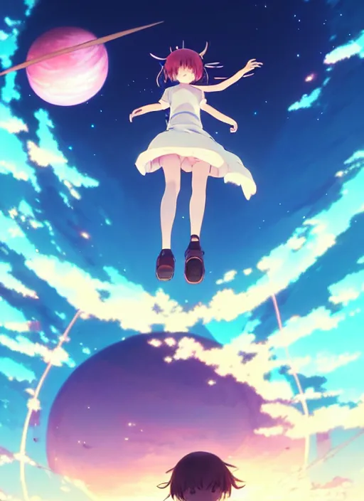 Prompt: anime girl flying in the sky against the backdrop of dawn, saturn in the background, illustration, concept art, anime, key visual, trending pixiv fanbox by wlop and greg rutkowski and makoto shinkai and studio ghibli