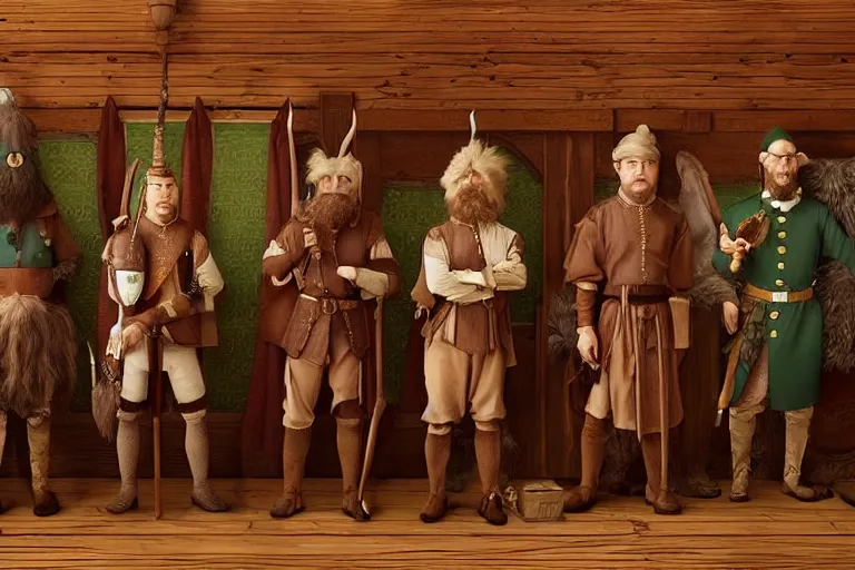 Image similar to A group of High Fantasy Creatures lined up for a portrait in a tavern, Screenshot of Wes Anderson's New RPG Movie, Photo realistic, Regal, Formal, Symmetrical, Satisfying, Dynamic lighting, Highly Detailed, Cinematic Lighting, 8k, HD