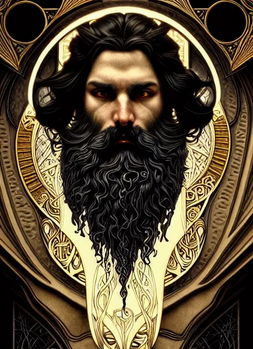 Image similar to furious god zeus, wavy black hair, bushy beard, glowing eyes, volumetric lights, cyan and gold scheme, art nouveau botanicals, gothic, intricate, highly detailed, digital painting, artstation, concept art, smooth, sharp focus, symmetric face, illustration, steampunk, art by artgerm and greg rutkowski and alphonse mucha