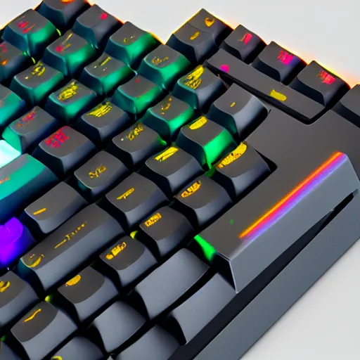 Prompt: mechanical keyboard made out of lava, raytracing, lens flare, 8k, bright colors