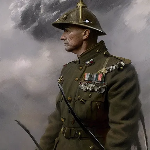 Prompt: a dramatic epic ethereal portrait of a WWI general, full body with dynamic pose, male, detailed face, cinematic lighting, highly detailed oil on canvas painting by Greg Rutkowski, winning-award digital art trending on Artstation H 1024 W 832