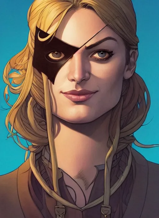 Prompt: Rafeal Albuquerque comic art, Joshua Middleton comic art, pretty female Phoebe Tonkin, pirate, eye patch over one eye, evil smile, symmetrical face, symmetrical eyes, pirate clothing, long wavy brown hair, full body::8 sunny weather::2 no long neck