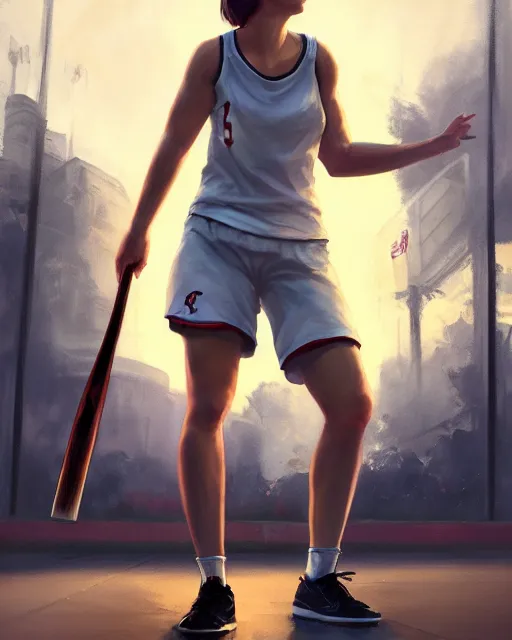 Prompt: epic portrait cinematic shot an female basketball player, white shirt, shorts, a cap, a baseball bat, stadium backround, sunny, fine details. night setting. realistic shaded lighting poster by craig mullism, artgerm, jeremy lipkin and michael garmash, unreal engine, radiant light, detailed and intricate environment, digital art, trending on art station,