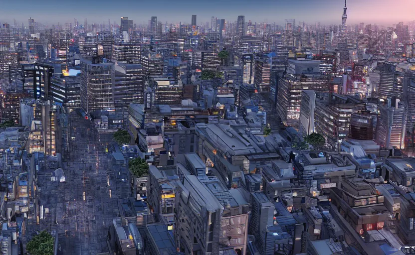 Image similar to unreal engine 5 hdr render of tokyo city from a rooftop view, sunset lighting, hyper realism, realistic shading, cinematic composition, blender render, octane render, hdr, detailed textures, photorealistic, ultrawide shot, 1 6 mm lens