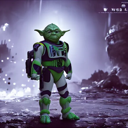 Image similar to yoda as buzz lightyear buzz lightyear in gears of war, splash art, movie still, cinematic lighting, dramatic, octane render, long lens, shallow depth of field, bokeh, anamorphic lens flare, 8 k, hyper detailed, 3 5 mm film grain