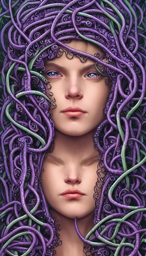 Prompt: very detailed portrait of a 2 0 years old girl surrounded by tentacles, the youg woman visage is blooming from fractal and vines, by greg hildebrandt