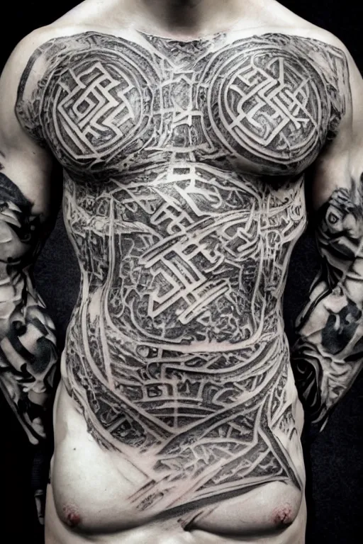 Image similar to centred completely front portrait of a muscular torso covered in runic tattoos front view, art by Ruan Jia , Moebious, Craig Mullin, and Nick Knight