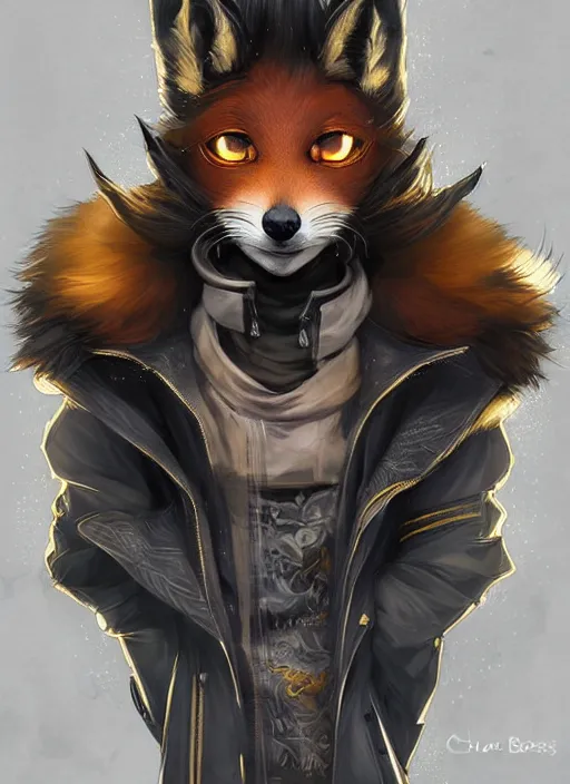 Image similar to award winning beautiful portrait commission of a male furry anthro melanated fox fursona with a tail and a cute beautiful attractive detailed furry face wearing stylish black and gold cyberpunk clothes in a cyberpunk city at night while it rains. Character design by charlie bowater, ross tran, artgerm, and makoto shinkai, detailed, inked, western comic book art