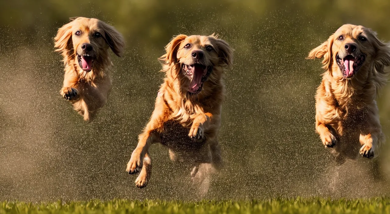 Image similar to High speed camera still frame of of a dog shaking left to right in the sunlight. Photorealistic, cinematic, Award winning, ultra high resolution, intricate details, UHD 8K