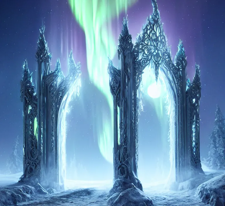 Image similar to a very detailed concept art of intricate and elven white gates to aurora borealis infused with magic, dynamic lighting trending on artstation, symmetry, digital art, 4 k, hyper realistic, octane render, sharp focus