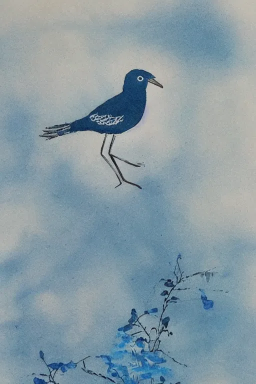 Prompt: A small, delicate bird with pale blue plumage and long, skinny legs. It is hopping on the ground, searching for food. The background is a beautiful blue sky on a autumn day. meticulous painting, by xue ji, bian luan