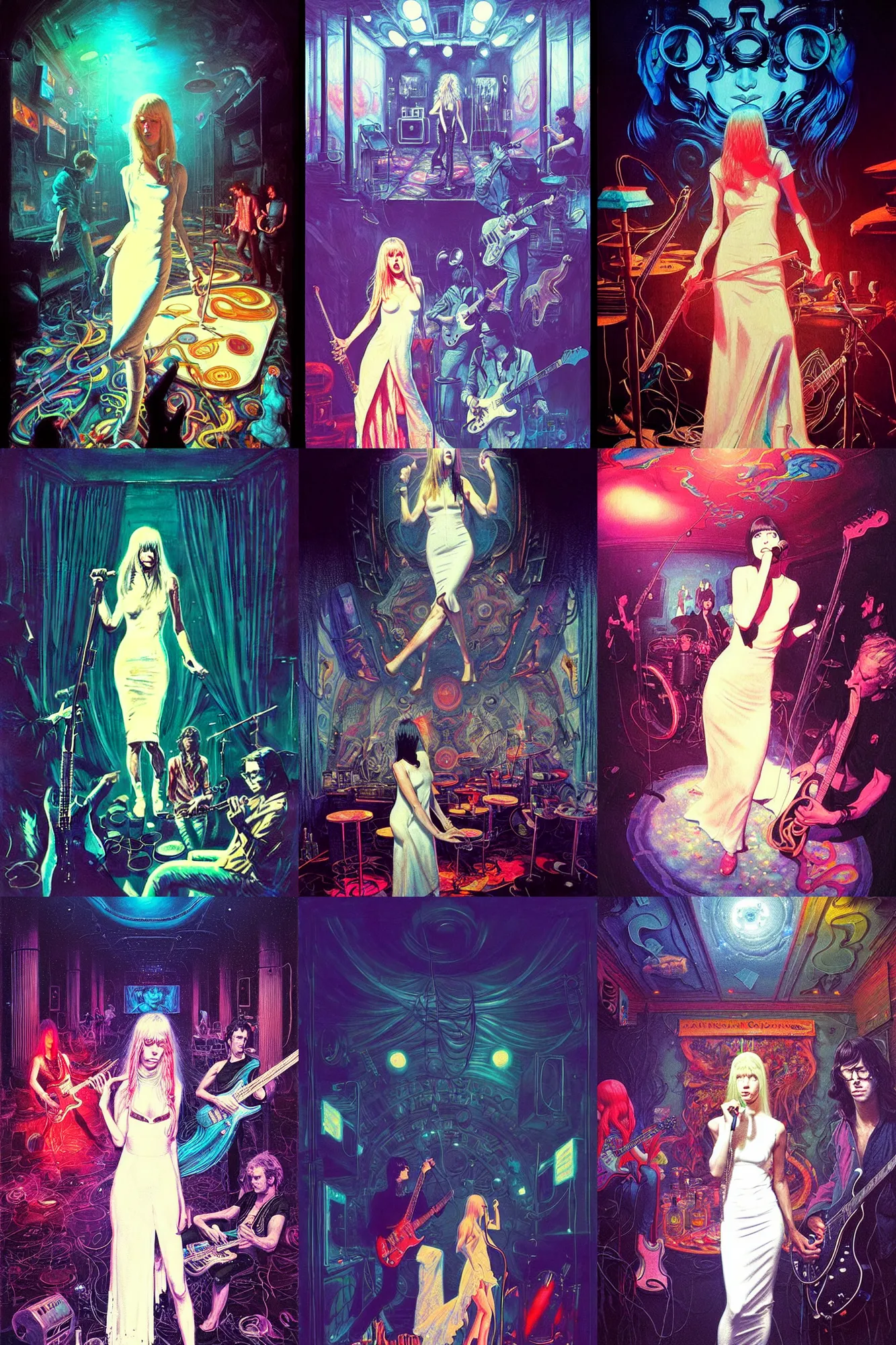Prompt: the velvet underground playing in san francisco at a night club in 1 9 6 9, nico wearing a white dress, beautiful stage decoration in the background, art by james jean and greg rutkowski and thomas kinkade, very detailed and colorful, moody, relaxed, stoned, trending on artstation