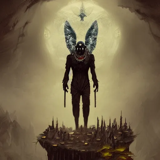 Image similar to scary , epic , Post-processing , low angle , Greg rutkowski legendary matte painting , masterpiece , 8K centered headshot Portrait of a psychedelic godlike mothman posing with a cigar with giant mandala wings smoking a hand-rolled cigarette smoking heavily , magic mushroom village in background , post-processing , award winning. superb resolution. in the art style of Satoshi Kon and Greg Rutkowski , Detailed Mushroom city in background , Hyper realistic anime , Perfect art , Dalle2