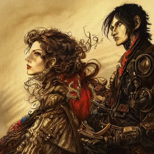 Prompt: a man and a woman standing next to each other in front of fire, an album cover by ayami kojima, cgsociety, international gothic, steampunk, fantasy, gothic