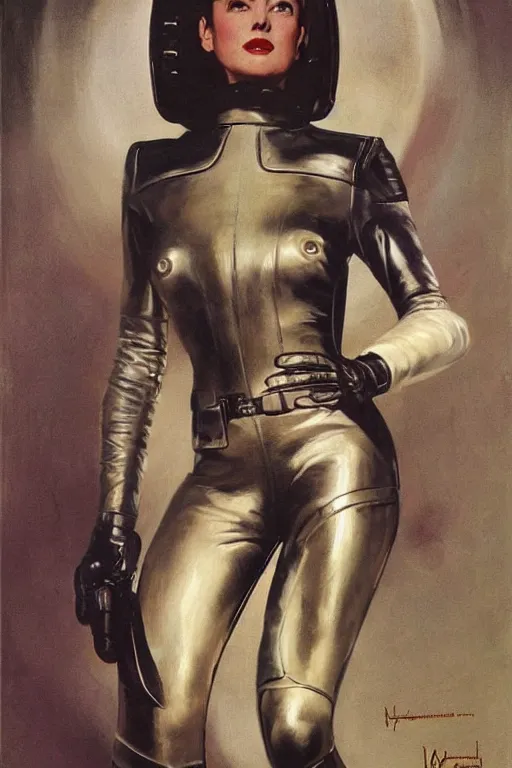 Prompt: 5 0 s pulp scifi fantasy illustration full body portrait elegant slim mature woman in leather spacesuit, dynamic, by norman rockwell, roberto ferri, daniel gerhartz, edd cartier, jack kirby, howard v brown, ruan jia, tom lovell, frank r paul, dean cornwell, astounding stories, amazing, fantasy, other worlds