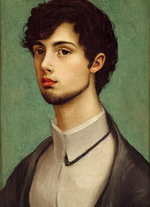 Image similar to a Spanish teenage boy with dark hair and green eyes, sharp jawline with a light beard, done in the style of a renaissance royal portrait