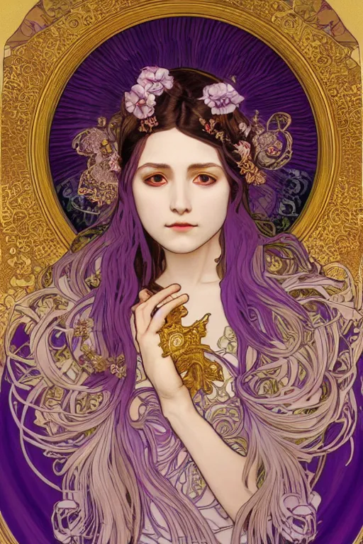 Image similar to thanatos, god of peaceful death, closed eyes, long hair, wearing ornate silk and lace clothes, gold jewelry, moon, purple feathers, by Alphonse Mucha, by artgerm, rule of thirds, super detailed, 8k