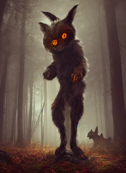 Image similar to a ominous furry creature with long twisted ears standing in a forest, big yellow glowing eyes, dark fantasy, michael kutsche, concept render, beautiful lighting