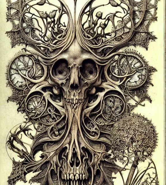 Image similar to memento mori by arthur rackham, art forms of nature by ernst haeckel, exquisitely detailed, art nouveau, gothic, ornately carved beautiful skull dominant, intricately carved antique bone, art nouveau botanicals, ornamental bone carvings, art forms of nature by ernst haeckel, horizontal symmetry, arthur rackham, ernst haeckel, symbolist, visionary