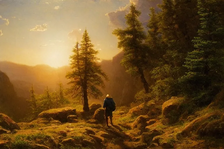 Prompt: a traveler wandering trough the mountains looking at the clouds, very detailed, oil painting, cinematic lighting, albert bierstadt, trending on artstation, colorful, canvas, sunset, hans dahl, theodor kittelsen, hermann hendrich