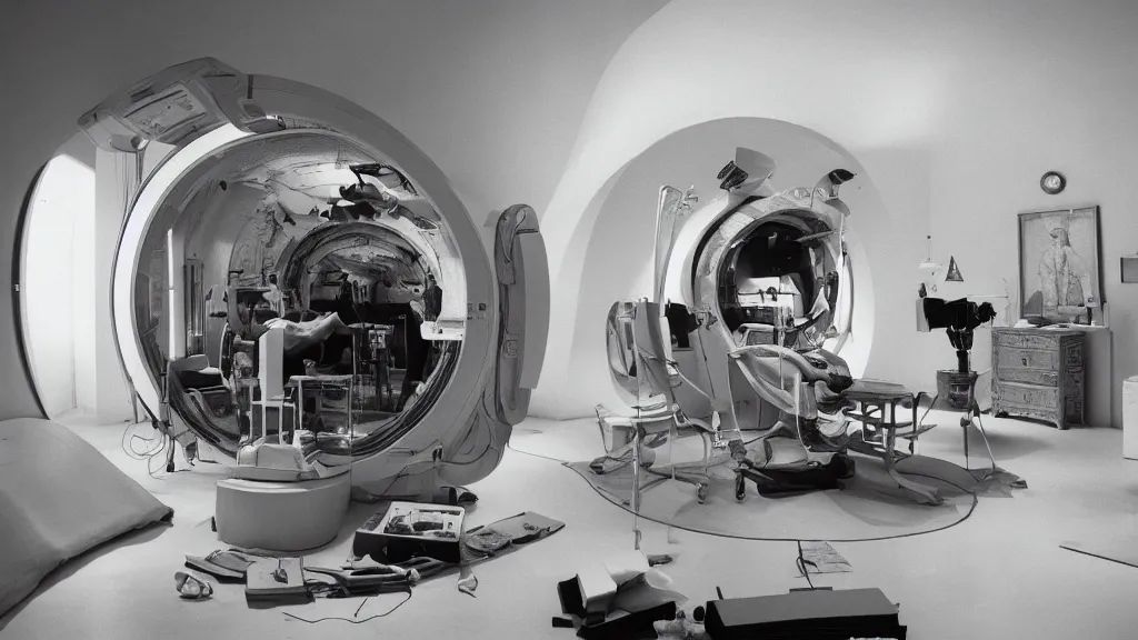 Image similar to an mri section of james cavell in the living room, film still from the movie directed by denis villeneuve with art direction by salvador dali, wide lens