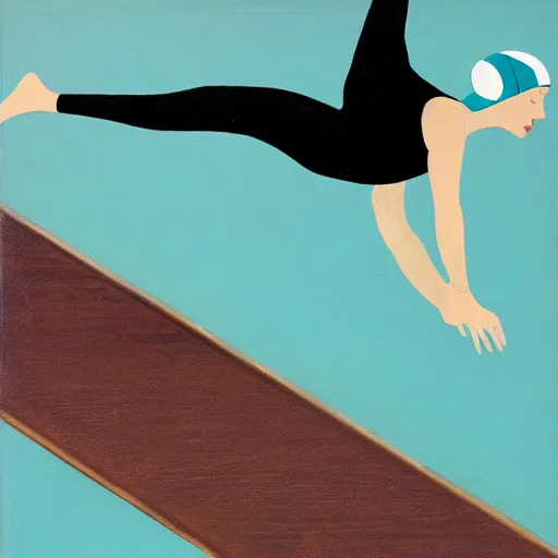 Image similar to acrylic painting on wood of a woman wearing a swimming cap diving from a high diving board into a pool. the pool is out of frame. teal, white, black and grayscale. simple. flat. vintage, mid - century modern. mid - drive, in the air, fully body