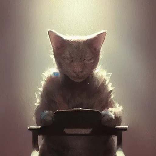 Image similar to cat sitting in a chair using a laptop, painting, by greg rutkowski and igor kieryluk, photo realistic, dynamic lighting, artstation, poster, volumetric lighting, very detailed face, 8 k, award winning